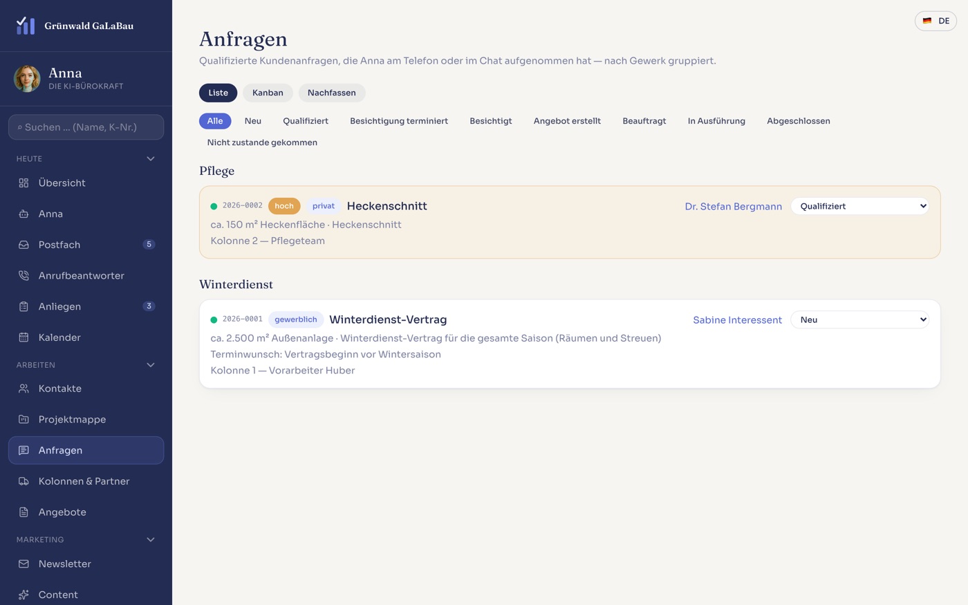Anna für GaLaBau & Handwerk: Oberfläche der Software