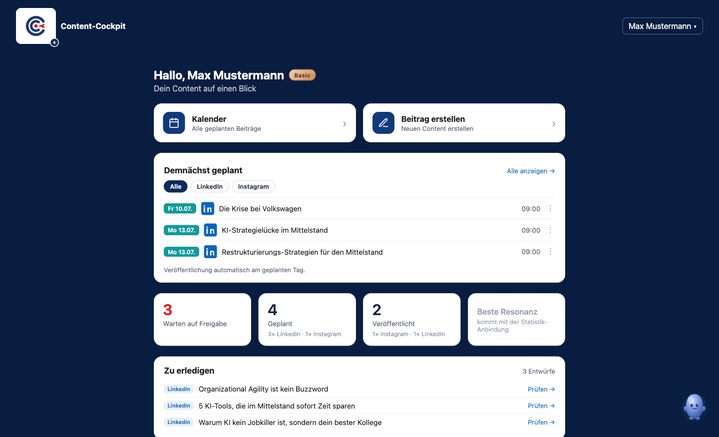 Content Cockpit: Dashboard mit geplanten Beiträgen und offenen Freigaben (Beispielkonto)