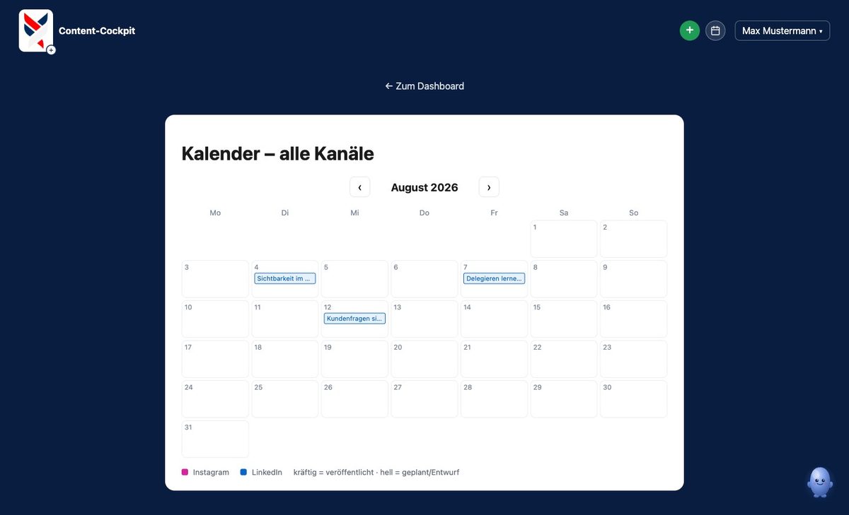 Content Cockpit: Kalender mit geplanten Beiträgen (Beispielkonto)